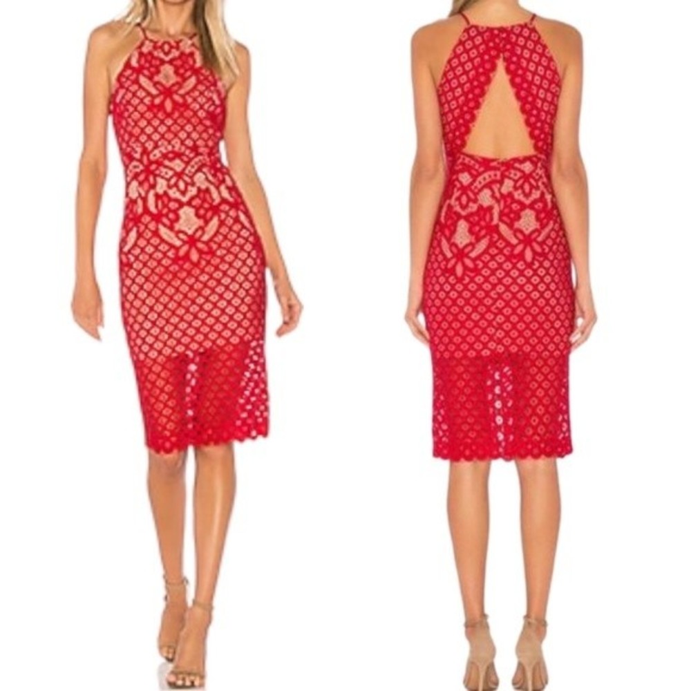 Bardot Mila Red Lace Dress Bodycon Cocktail Party Midi Dress Women’s Size 4 | XS